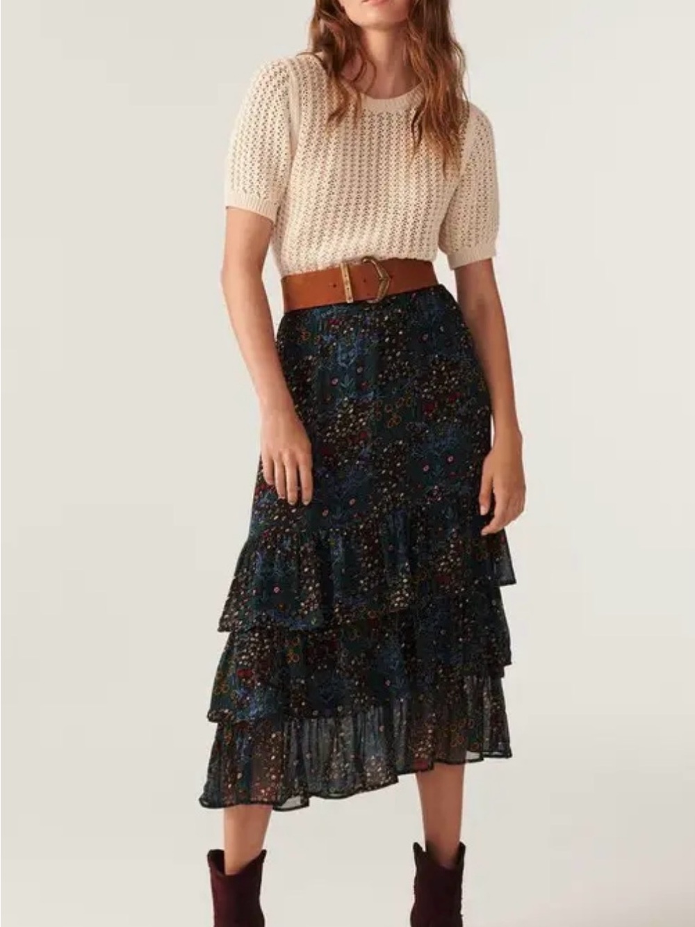 ba&sh Teal Floral Tiered Maxi Skirt with Red and Mustard Accents
